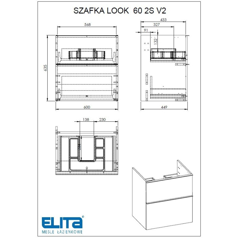 Elita Look Dąb Canela Szafka 2S Z Umywalką Skappa 60 cm (RE010601027050+RE040603068060)