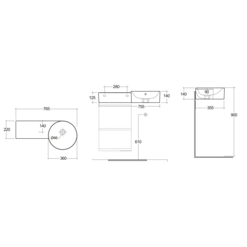 Rak Ceramics Petit Umywalka Podwieszana Okrągła Blat Lewy 77x36 cm Bez Otworu Biały Połysk (PETWB17700AWHA)