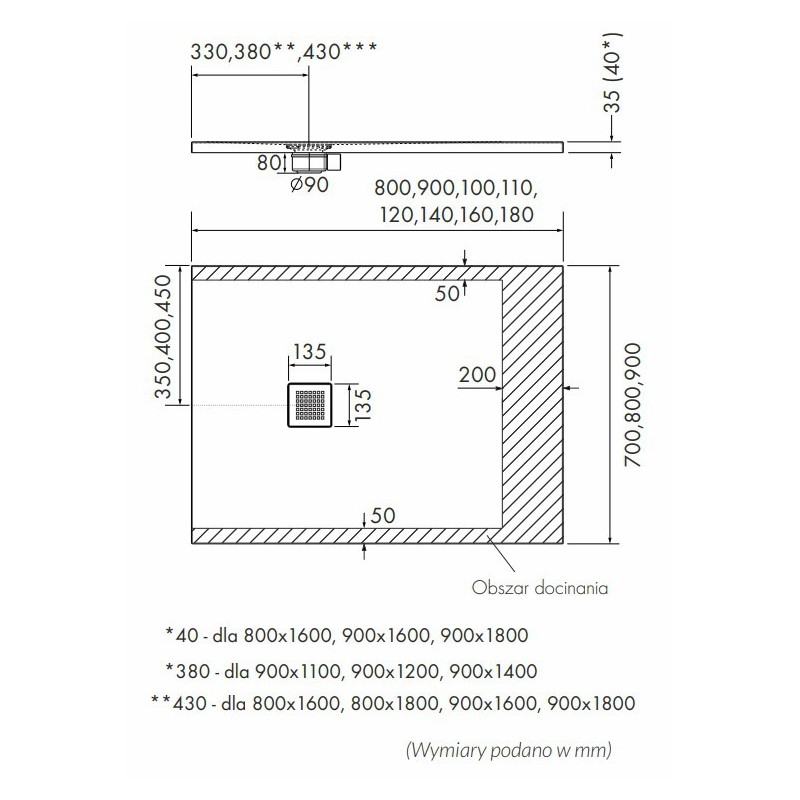 Schedpol Kalait Cement Stone Brodzik Akrylowy Prostokątny Cementowy Kamień 80x180 cm (3.3114/CT/ST-M2)