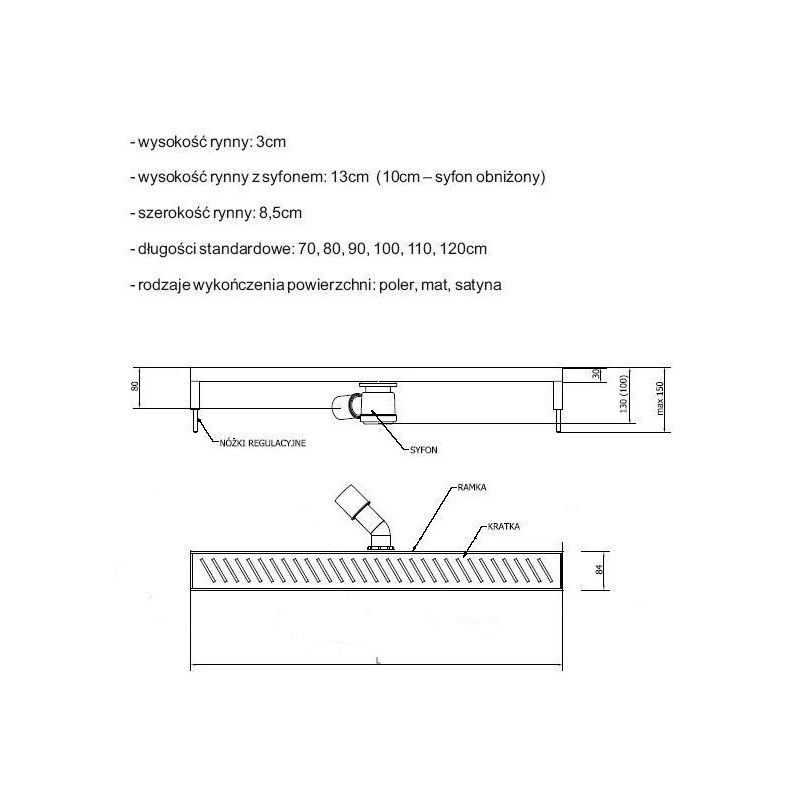 Wiper Classic Pure 80 cm odpływ liniowy z syfonem snake (OL-CLAS-80-PUR)