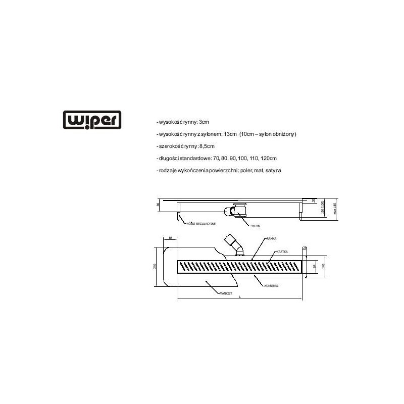 Wiper Premium Mistral 90 cm odpływ liniowy z syfonem snake (rynna+ruszt+syfon) (PRE-MIS-MAT-90)