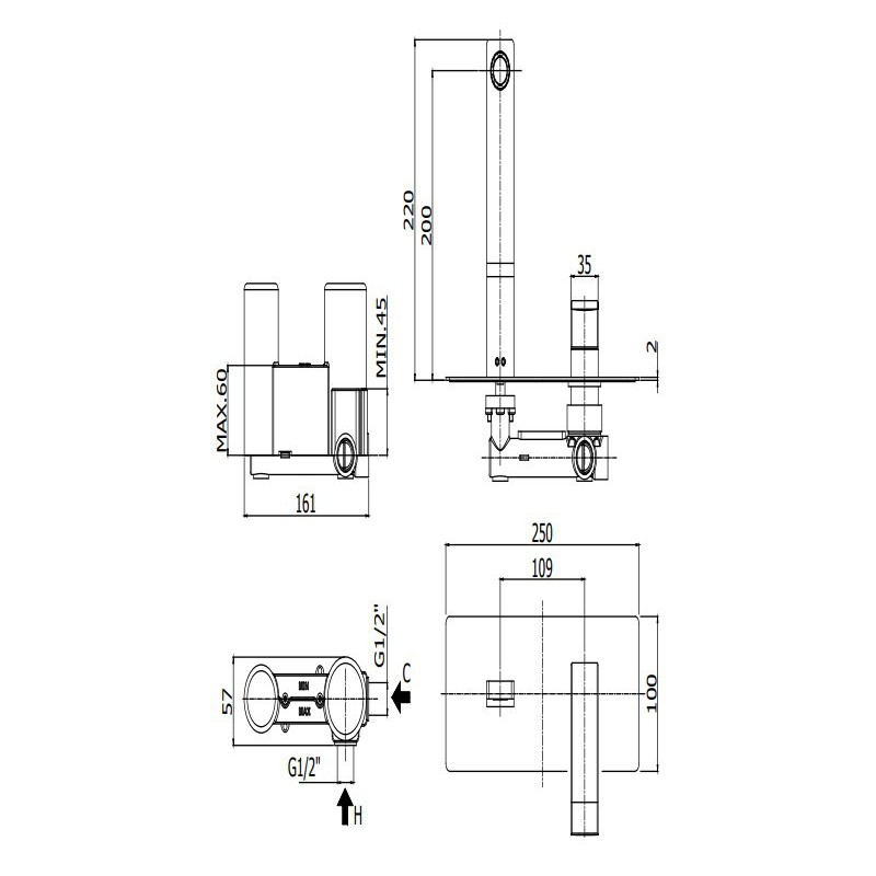 Paffoni Level Bateria umywalkowa podtynkowa 250mm (LES106CR)