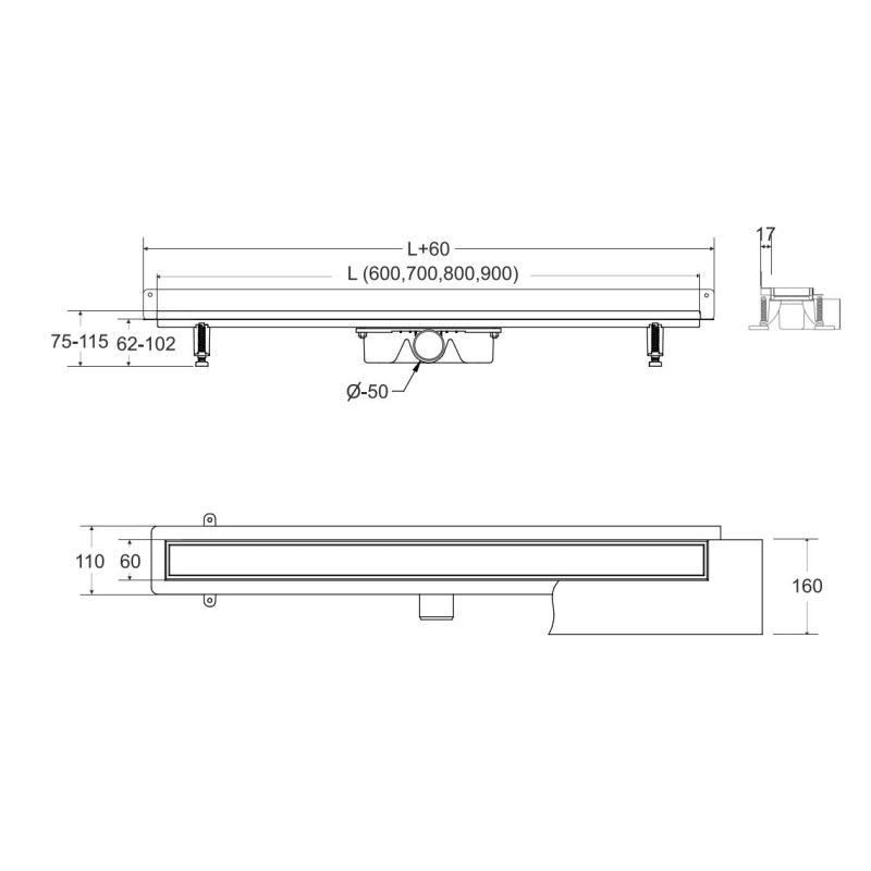 Besco Virgo Next Black Duo Odpływ Przyścienny Liniowy 70x6 cm (OL-70-VNB)
