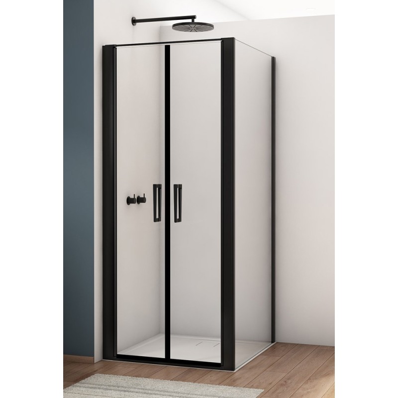 SanSwiss Divera D22T2+D22F1 Kabina prysznicowa drzwi wahadłowe czarna 80x90x200 cm Szkło Przezroczyste (D22T20800607 + D22F10900