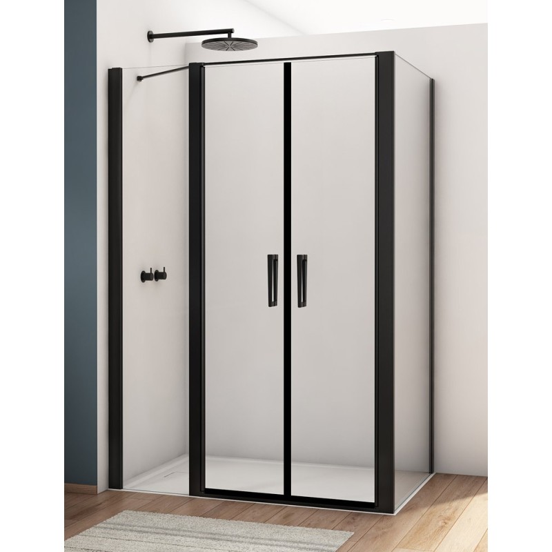 SanSwiss Divera D22T32+D22F1 Kabina ze ścianką drzwi wahadłowe czarna 130x90x200cm Szkło Przezroczyste(D22T32080500607 + D22F109
