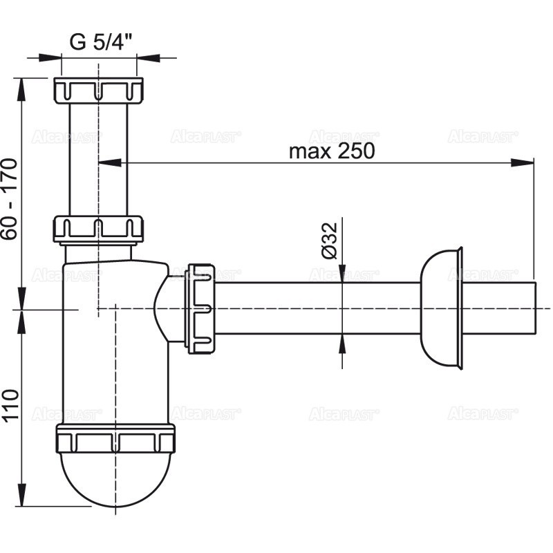 AlcaPlast Syfon umywalkowy Ø32 z nakrętką 5/4