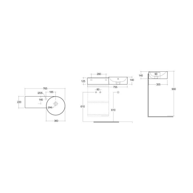 Rak Ceramics Petit Umywalka podwieszana okrąg z blatem z lewej 77x36 cm z otworem na baterię Biały Połysk (PETWB17701AWHA)