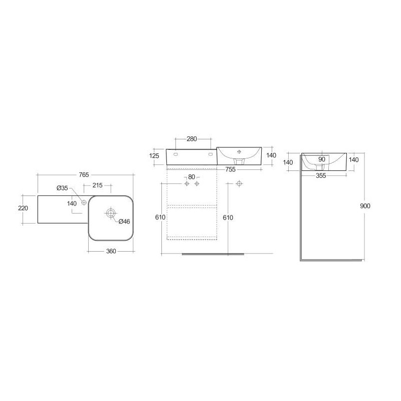 Rak Ceramics Petit Umywalka podwieszana kwadrat z blatem z lewej 77x36 cm z otworem na baterię (PETWB37701AWHA)
