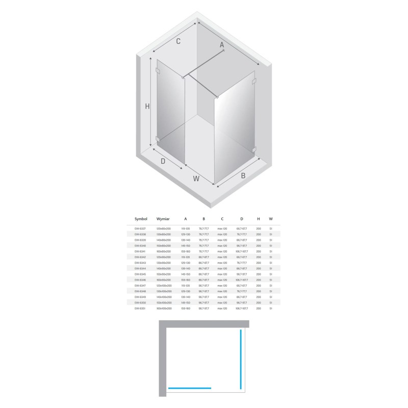 New Trendy Eventa Black Chrome Kabina prysznicowa WALK-IN U 120x90x200 cm 8mm Active Shield 2.0 (EXK-6342)