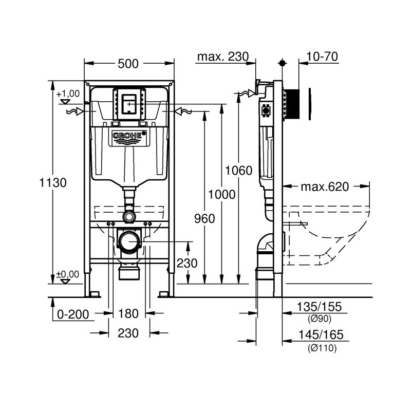 Grohe Rapid SL Zestaw 2 W 1  Stelaż + Wspornik Bez Przycisku z małą rewizją Wysokość Zabudowy 1,13 m (39750001)