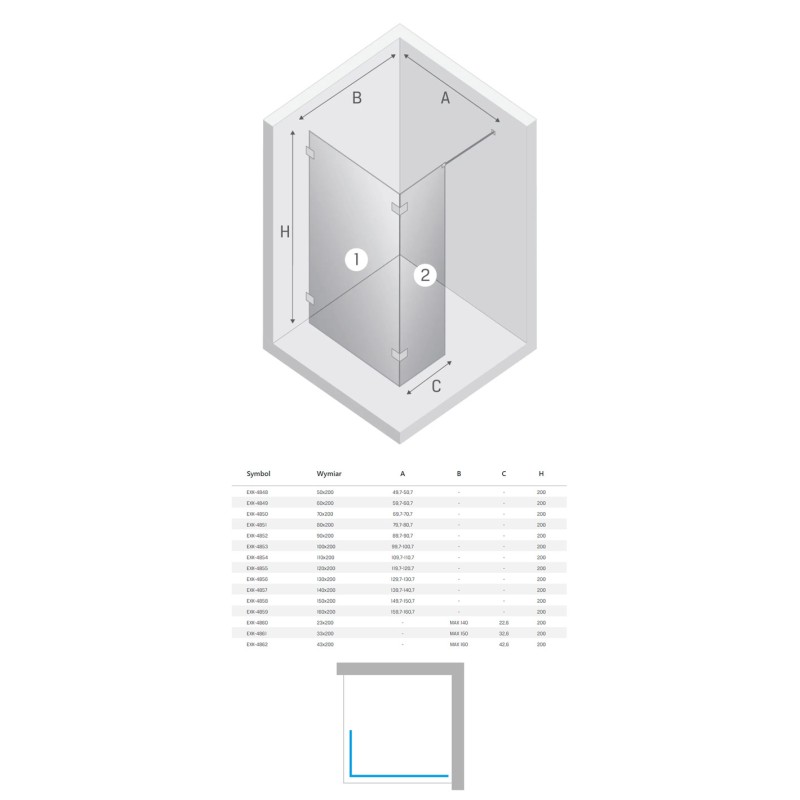 New Trendy Eventa Kabina WALK-IN z dodatkową ścianką 110x33x200 cm 8mm (EXK-4633+EXK-4640)