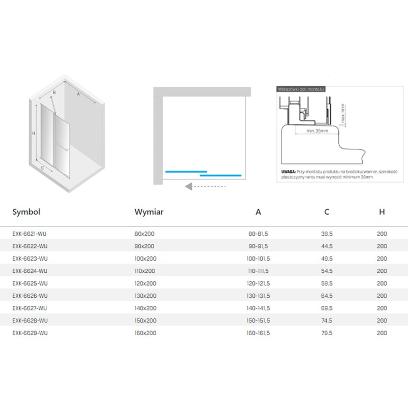 New Trendy Smart Kabina prysznicowa 1D walk-in U 110x200 Active Shield 2.0 - WSPORNIK SKOŚNY  (EXK-6624-WU)