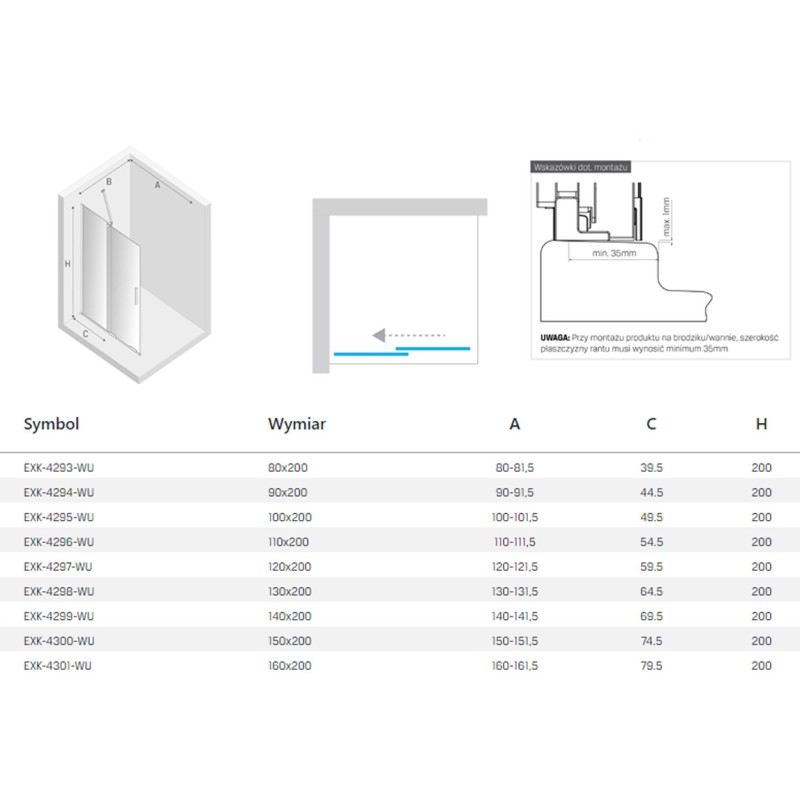 New Trendy Smart Light Gold Kabina prysznicowa 1D walk-in U 100x200 cm Active Shield 2.0 - WSPORNIK SKOŚNY  (EXK-4295-WU)