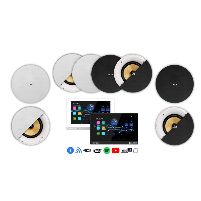 Dexon - P2 Zestaw nagłaśniający czarny Bluetooth, Wi-Fi - LAN ze Wzmacniaczem + 8 głośników 30W białych (MRP 8300+8x CS-530K)