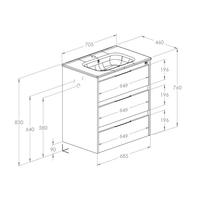 Roca Alpine Szafka (3 szuflady) z umywalką ceramiczną 70 cm czarny mat (A857867532+A32799D000)