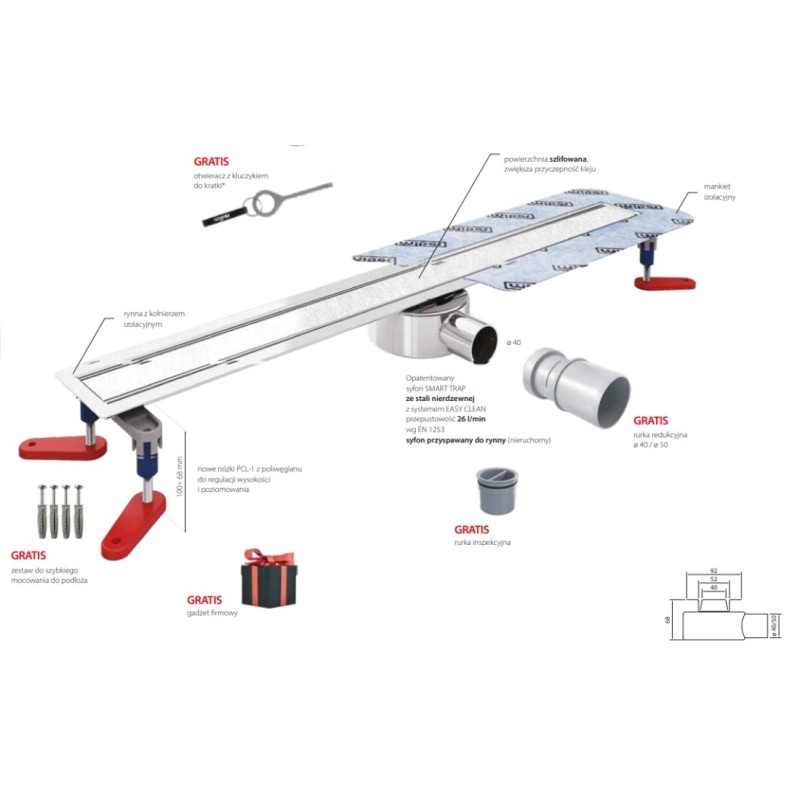 Wiper New Invisible Slim Odpływ liniowy 70 cm z syfonem smart trap - komplet (syfon, nóżki, mankiet) (100.3390.00.070)
