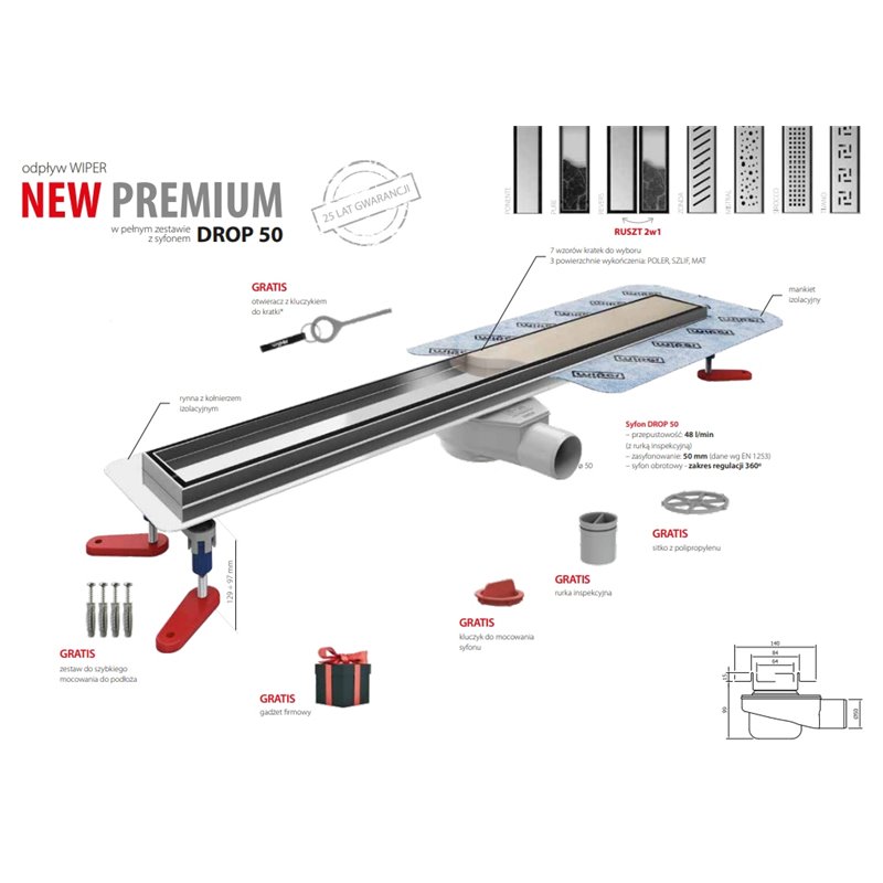 Wiper New Premium Glass Black Odpływ liniowy 70 cm z obrotowym syfonem Drop 50 - Zestaw (500.0385.01.070)