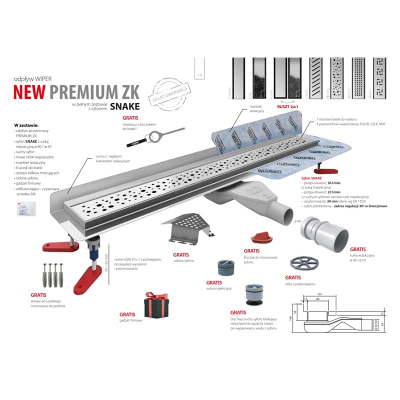 Wiper New Premium ZK Mistral Odpływ liniowy 120 cm z niskim syfonem snake - Zestaw (Odpływ+Mankiet+Nóżki) (500.0182.01.120)