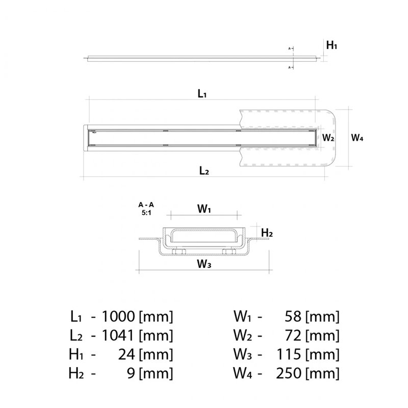 Wiper New Elite Ponente Odpływ liniowy 100 cm z obrotowym syfonem drop 35 - Zestaw (Odpływ+Mankiet+Nóżki) (500.0109.01.100)