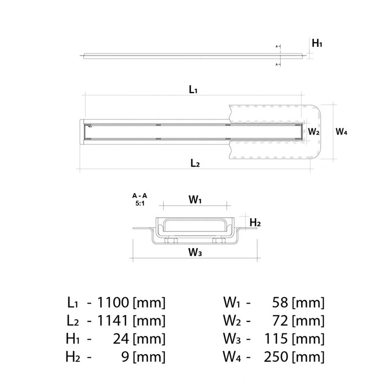 Wiper Elite Pure Odpływ liniowy 110 cm z niskim syfonem drop 50 (ELITE110-PURE-DROP-50)