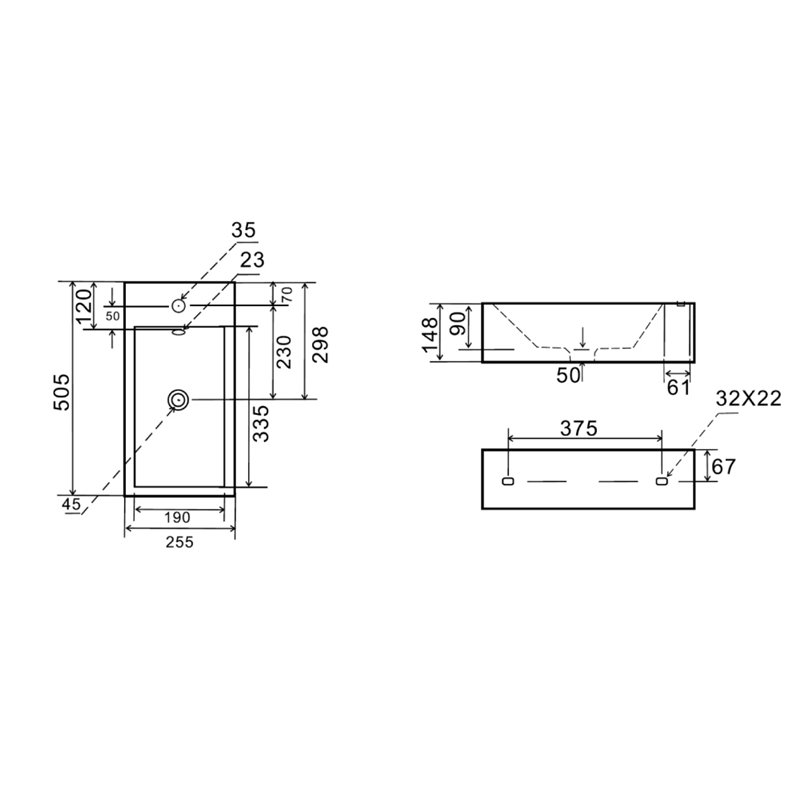 Uptrend AURIS L 50x25,5 cm umywalka ścienna biały połysk, z otworem na baterię oraz przelewem, lewa (TR4127)