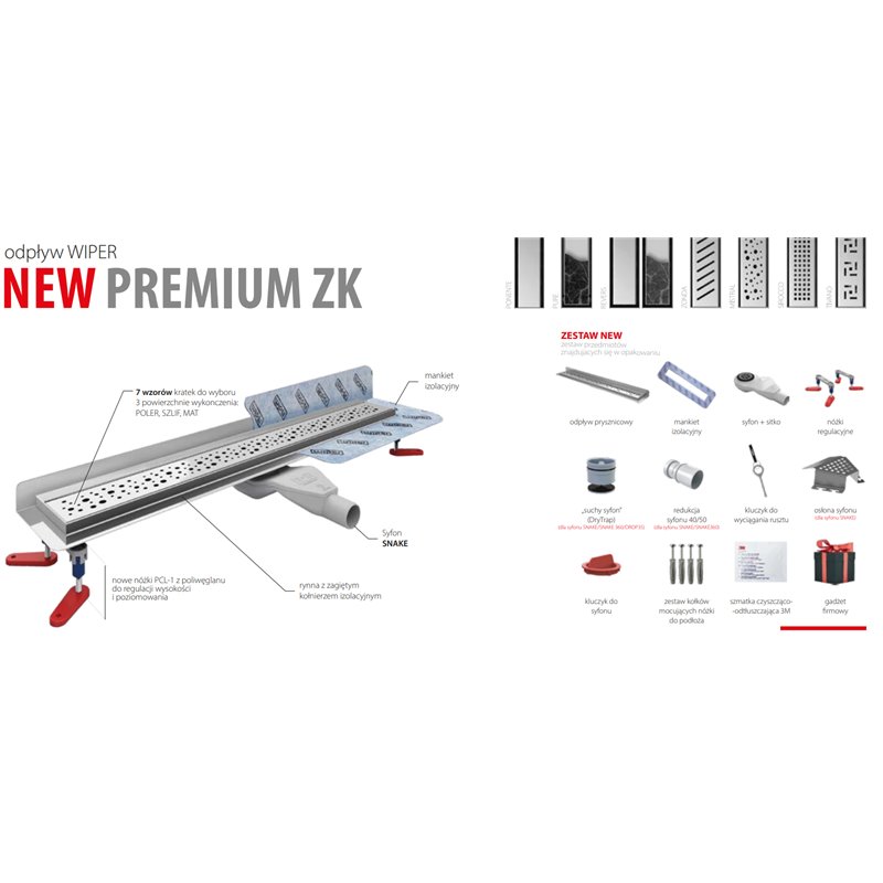 Wiper New Premium ZK Pure (pod płytkę) Odpływ liniowy 80 cm z obrotowym syfonem snake 360 - Zestaw (500.0734.01.080)