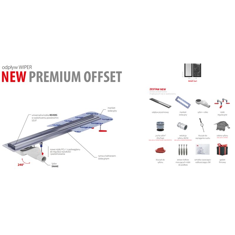 Wiper New Premium Offset Revers (Ruszt 2w1) Odpływ liniowy 120 cm z obrotowym syfonem snake 360 - Zestaw (500.0902.02.120)