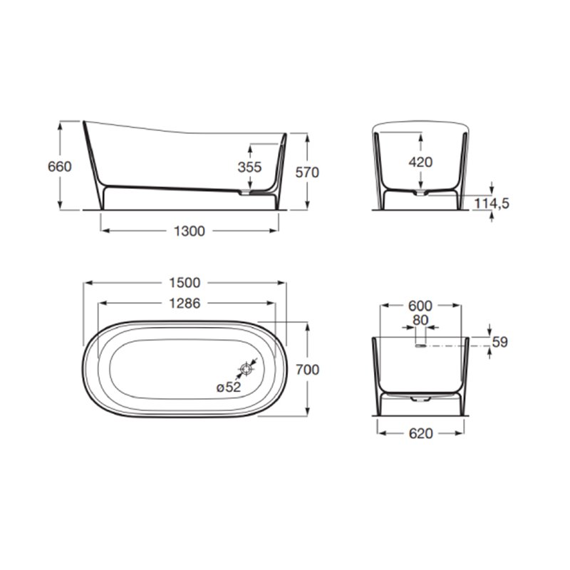 Roca Maui Round wanna Stonex® 150x70 cm wolnostojąca z syfonem kolor czarny mat zewnątrz / biały wewnątrz (A2484990K0)
