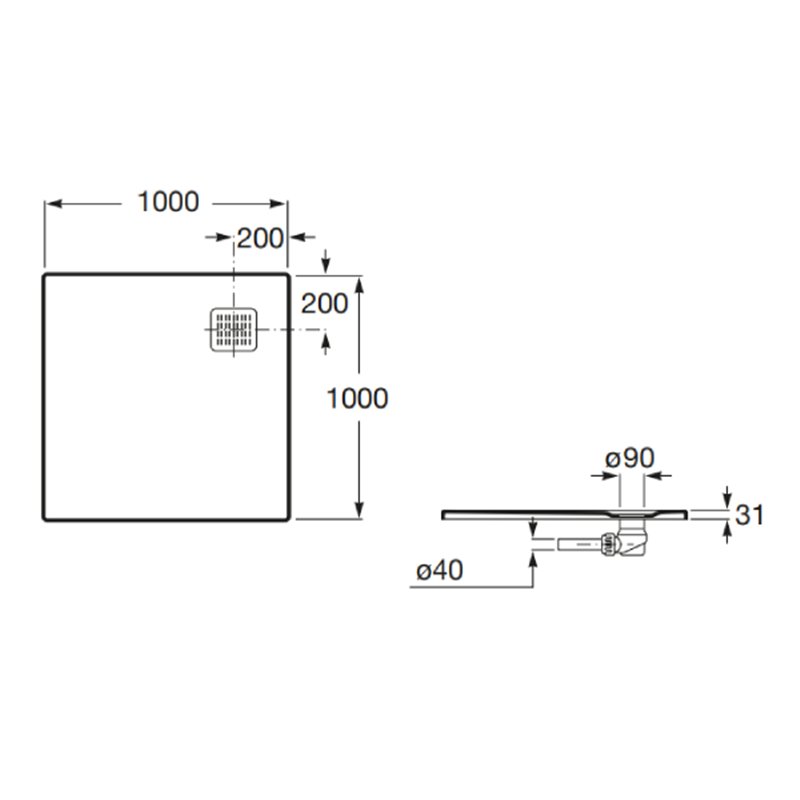 Roca Terran Brodzik kwadratowy 100 x 100 cm syfon w komplecie Onyks (AP1033E83E801640)
