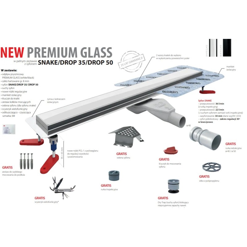 Wiper New Premium Glass White Odpływ liniowy 110 cm z obrotowym syfonem Drop 50 - Zestaw (500.0382.01.110)