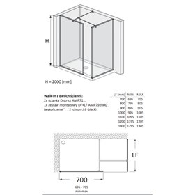 Roca District Kabina Walk-In grubość 6mm z zestawem montażowym Czarny mat 70x80 cm (AMP716070M+AMP716080M+AMP7920006)