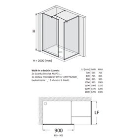 Roca District Kabina Walk-In grubość 6mm z zestawem montażowym Czarny mat 90x80 cm (AMP716090M+AMP716080M+AMP7920006)