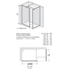 Roca District Kabina Walk-In grubość 6mm z zestawem montażowym Czarny mat 100x90 cm (AMP716100M+AMP716090M+AMP7920006)