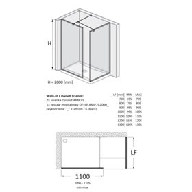 Roca District Kabina Walk-In grubość 6mm z zestawem montażowym Czarny mat 110x100 cm (AMP716110M+AMP716100M+AMP7920006)