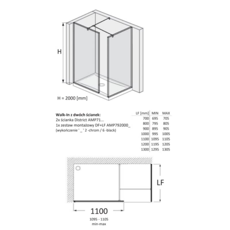 Roca District Kabina Walk-In grubość 6mm z zestawem montażowym Czarny mat 110x100 cm (AMP716110M+AMP716100M+AMP7920006)