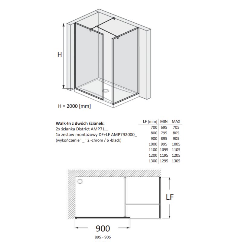 Roca District Kabina Walk-In grubość 8mm z zestawem montażowym Czarny mat 90x100 cm (AMP718090M+AMP718100M+AMP7920006)