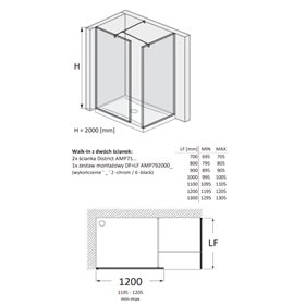 Roca District Kabina Walk-In grubość 8mm z zestawem montażowym Czarny mat 120x80 cm (AMP718120M+AMP718080M+AMP7920006)
