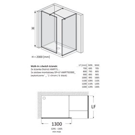 Roca District Kabina Walk-In grubość 8mm z zestawem montażowym Czarny mat 130x110 cm (AMP718130M+AMP718110M+AMP7920006)