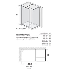 Roca District Kabina Walk-In grubość 8mm z zestawem montażowym Czarny mat 140x110 cm (AMP718140M+AMP718110M+AMP7920006)