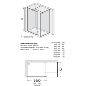 Roca District Kabina Walk-In grubość 8mm z zestawem montażowym Czarny mat 160x120 cm (AMP718160M+AMP718120M+AMP7920006)