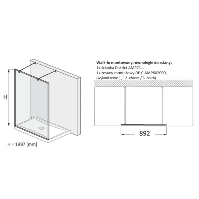 Roca District Kabina Walk-In (montowana równolegle) grubość 6mm z zestawem montażowym Czarny mat 90 cm (AMP716090M+AMP8020006)