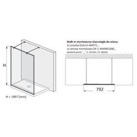 Roca District Kabina Walk-In (montowana równolegle) grubość 8mm z zestawem montażowym Czarny mat 80 cm (AMP718080M+AMP7820002)
