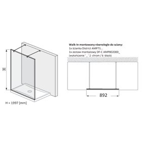 Roca District Kabina Walk-In (montowana równolegle) grubość 8mm z zestawem montażowym Czarny mat 90 cm (AMP718090M+AMP7820002)