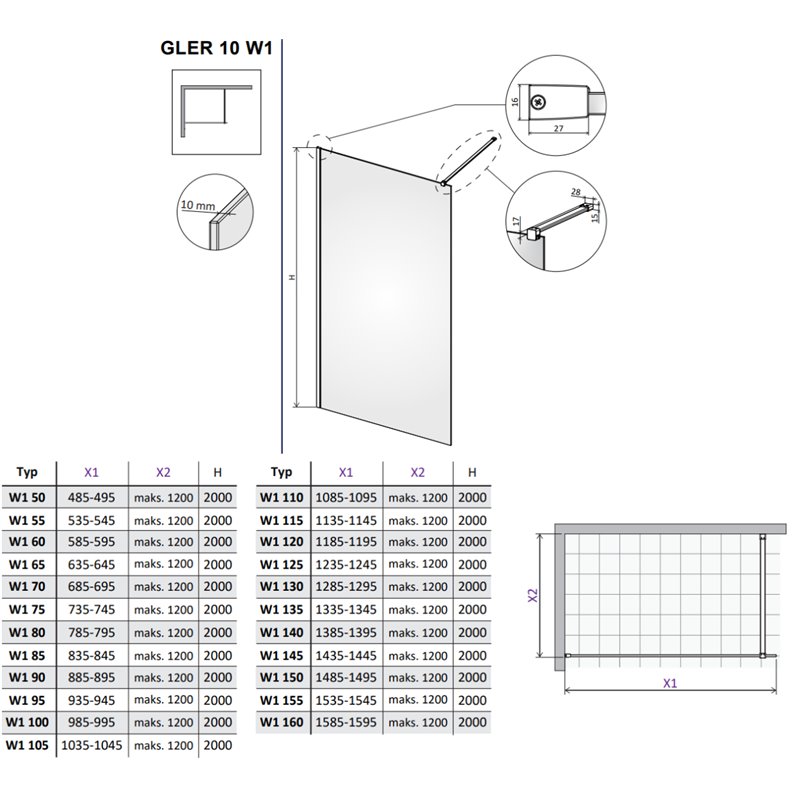 Vixor Gler 10 W1 Kabina Walk-In Nikiel szczotkowany W1 100 cm (N08-51100-91-01)