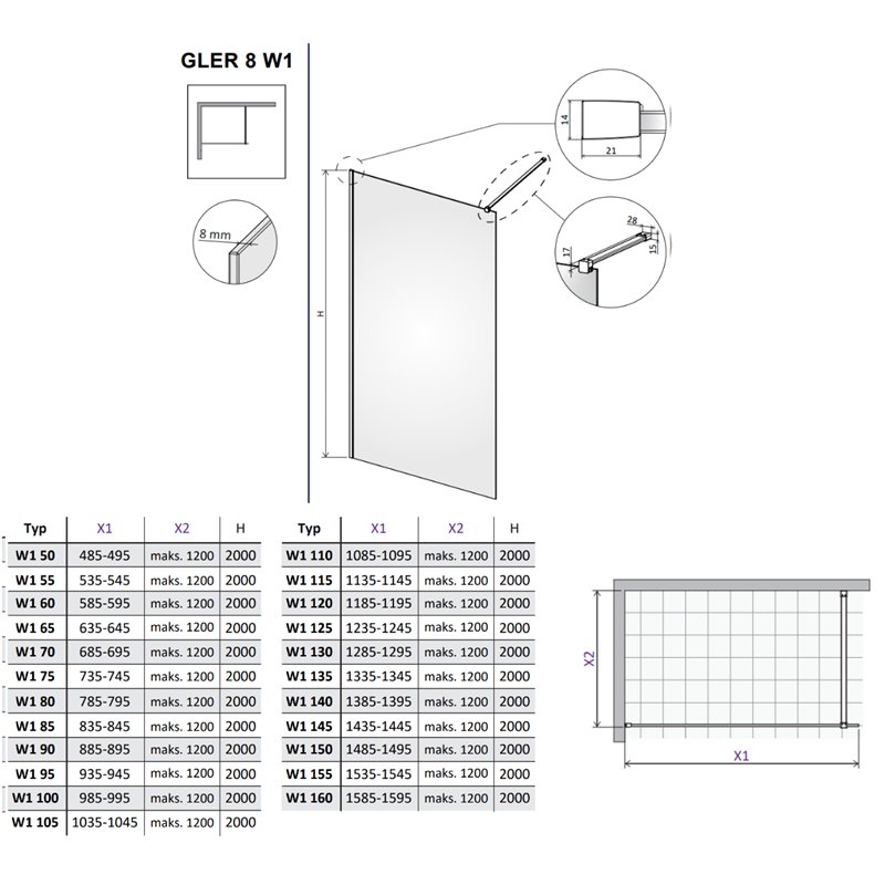 Vixor Gler 8 W1 Kabina Walk-In GunMetal szczotkowany W1 135 cm (N07-51135-92-01)