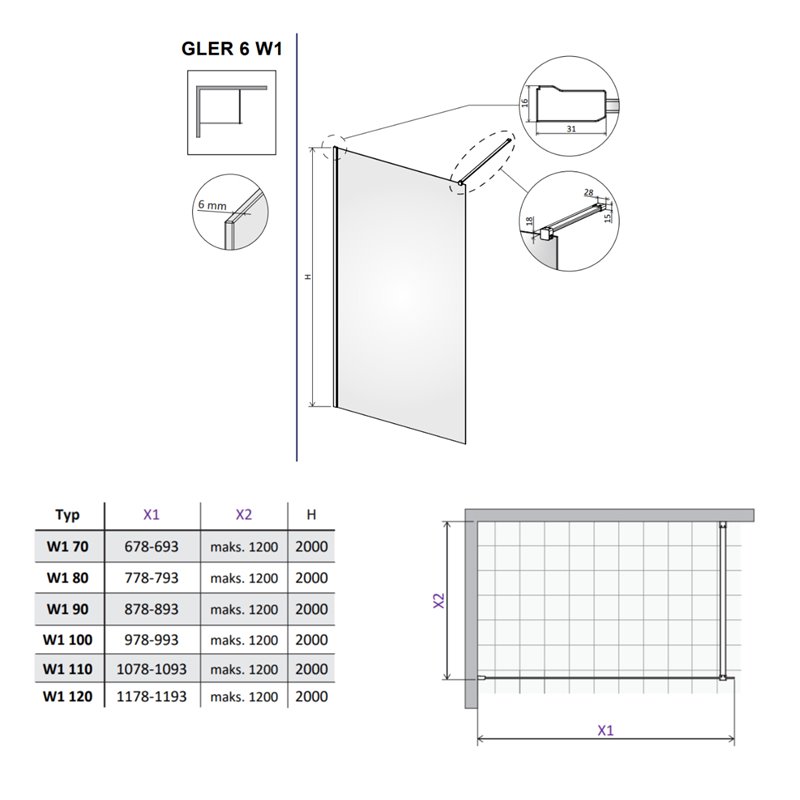Vixor Gler 6 W1 Kabina Walk-In Nikiel szczotkowany W1 110 cm (N06-51110-91-01)