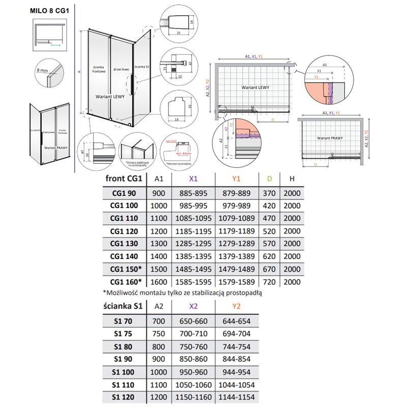 Vixor Milo 8 Kabina prysznicowa prostokątna prawa nikiel szczotkowany 160x100 cm (N05-24822-91-01R+N05-80780-00-01+N05-60100-00-