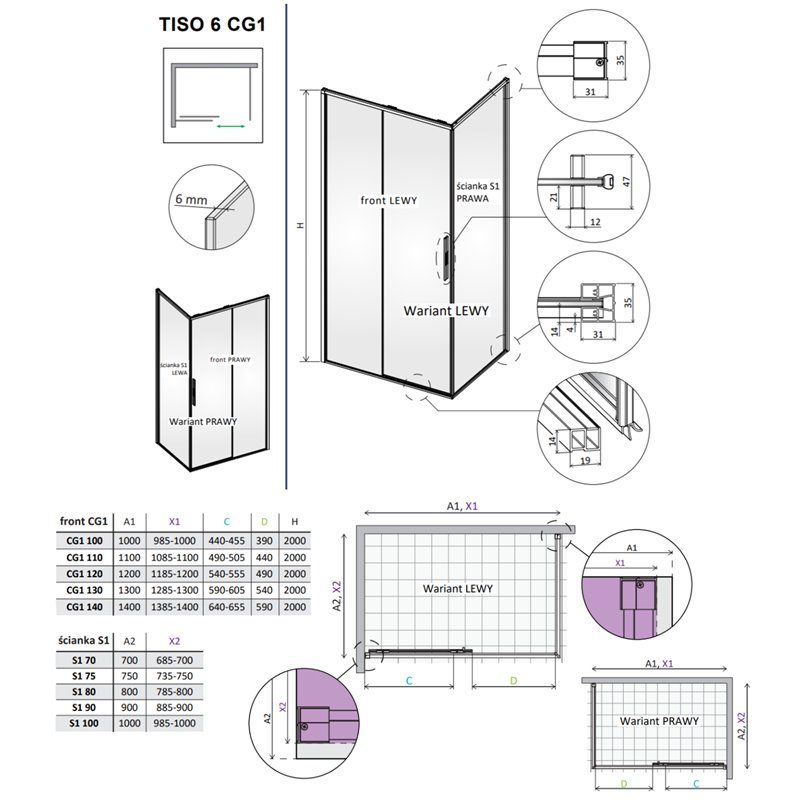 Vixor Tiso 6 Kabina prysznicowa prostokątna lewa Złoty szczotkowany 100x80 cm (N13-24100-99-01L+N13-60080-99-01L)