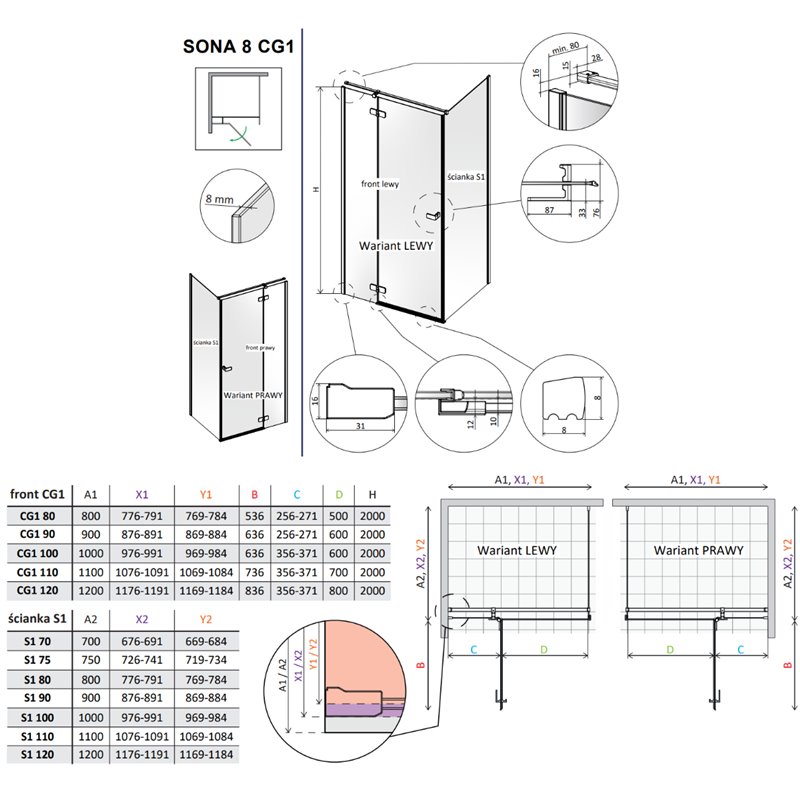 Vixor Sona 8 Kabina prysznicowa prostokątna prawa Czarny mat 90x100 cm (N03-24233-54-01R+N03-80612-00-01R+N03-60100-00-01)
