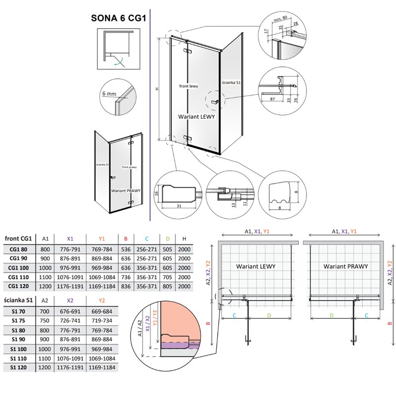 Vixor Sona 6 Kabina prysznicowa prostokątna lewa Miedź szczotkowana 90x75 cm (N01-24090-93-01L+N01-60075-00-01)
